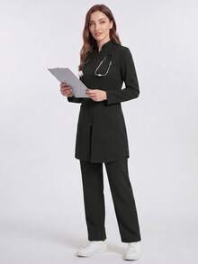 cimmuovere Jas Lab Lengan Panjang dengan Kantong dan Resleting, Jaket Seragam Bedah Lab, Seragam Perawat, Jaket Seragam Dokter Gigi/Dokter Warna Hitam untuk Musim Gugur - Hitam - View 3
