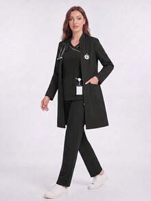 cimmuovere Jas Lab Lengan Panjang dengan Kantong dan Resleting, Jaket Seragam Bedah Lab, Seragam Perawat, Jaket Seragam Dokter Gigi/Dokter Warna Hitam untuk Musim Gugur - Hitam - View 5