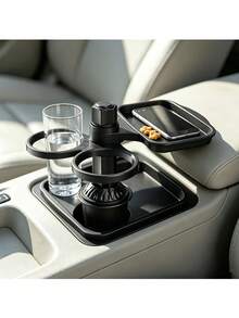 360°旋轉汽車杯架擴展器,附收納托盤,可調式底座,雙杯槽附零食托盤,耐用ABS材質,多功能車內收納整理器,適合公路旅行與日常通勤 - A - 查看 2