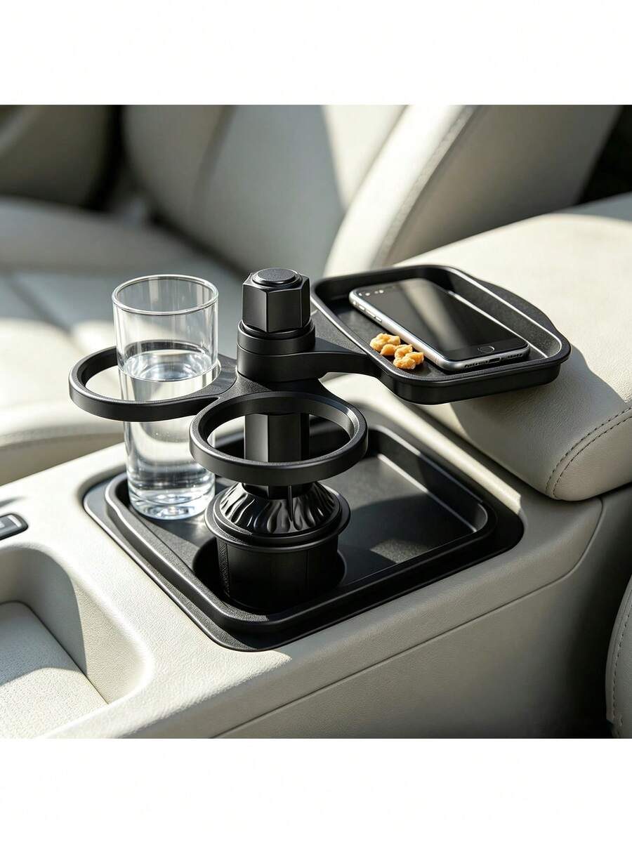 360°旋轉汽車杯架擴展器，附收納托盤，可調式底座，雙杯槽附零食托盤，耐用ABS材質，多功能車內收納整理器，適合公路旅行與日常通勤