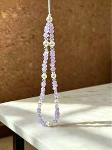 1pc Faux Pearl & Crushed Stone Light Purple Decorative Bead Phone Lanyard Gift Suitable For Mother, Family, Friends, Birthday, Holiday Phone Pendant, Phone Chain - Mauve Purple - View 3