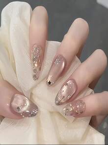 10pcs Starry Sky Handmade Wearable False Nails, Pink Cat Eye With Silver Stars And Gold Foil, Long Oval Shape, All-Season Acrylic Fake Nails, Suitable For Wedding Bride, Valentine's Day And Music Theme, DIY Nail Art Product - Baby Pink - View 5
