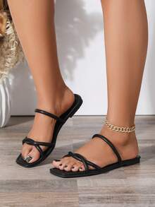 2026 Summer New Women's Open Toe Sandals With Strap Flat Shoes, Fashionable Black Comfortable Square Toe Slippers - Black - View 5