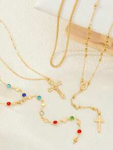 4pcs/Set Artificial Gemstone Rhinestone Cross Necklace Set, Elegant Vintage Sexy, Suitable For Women's Summer Beach Party Wear - Style 1 - View 3