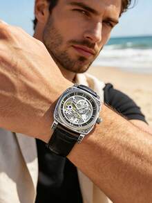 Herren-Armbanduhr in Schwarz aus Zinklegierung, Business-Stil, leuchtend, graviert, Automatik-Tourbillon, skelettiert, mechanisch - Schwarz - Übersicht 9