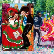 1pc Mexican Party Backdrop Banner, Colorful Polyester Photography Background Cloth With Traditional Dancers, Sombrero Hats And Maracas, Suitable For Photo Booth, Birthday - Multicolor - View 3