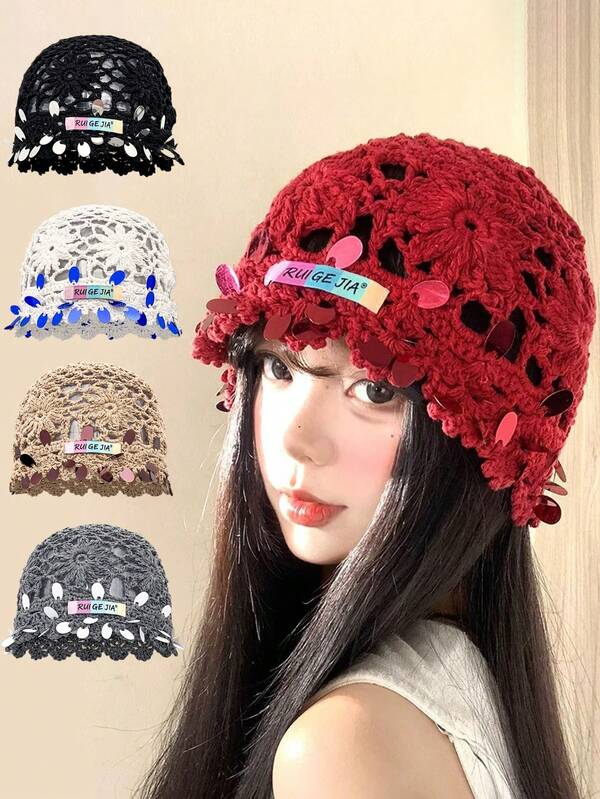 1pc Women's Handmade Crochet Sequin Beanie Hat, Breathable, Face-Slimming, Knitted Hat For Summer Travel And Photography