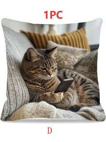 4pcs Cozy Healing Cat Print Decorative Pillow Covers, Cute Kitten Print Square Cushion Covers, Suitable For Sofa, Bedroom, Farmhouse Home Decor, Perfect Match For Modern Home Decor, Versatile Room Accessories | Fun Home Decor, Cat Theme Decor, Pillow Inserts Not Included - Multicolor - View 14