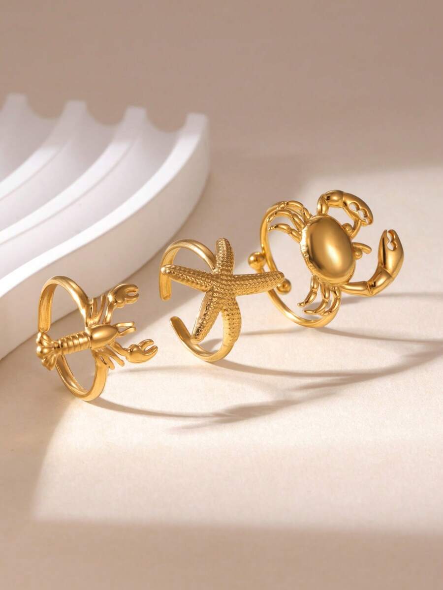 Beach Vacation Style Stainless Steel 18K Gold Plated Ring Set, 3D Starfish Crab Lobster Combination Open Adjustable Fun Hand Jewelry - Multicolor - View 1