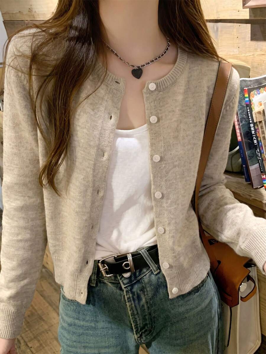 Autumn/Winter Casual Korean Sweet Style Khaki Round Neck Knit Cardigan, Short Fitted Slimming Gentle Elegant Versatile All-Match Long Sleeve Fall - Khaki - View 1