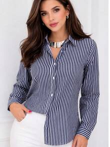 Polyester Dress Shirt With Buttons Down The Front, Striped Dress Shirt, Everyday Summer Style. - 藏蓝色 - 查看 3