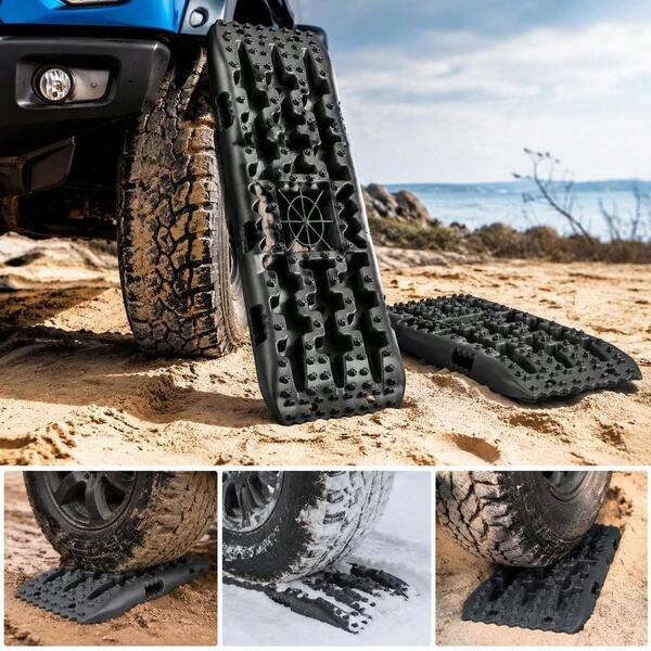10-TON Traction Boards Made Of PP Material, Recovery Boards For Off-Road Vehicles/Cars/Pickups/SUVs/Motorhomes, Pair Of Tire Traction Mats For Snow, Sand, Mud And Loose Surfaces, Storage Bag, Long, Black-XY299024