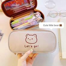 1pc Cute Cartoon Bear Rabbit Canvas Pencil Case, Minimalist Line Animal Print Pen Bag, Large Capacity Zipper Stationery Storage Pouch, Kawaii Simple Design, Portable Student Pencil Holder For School, Office & Back To School Gift - Flip-top Pencil Case - View 4