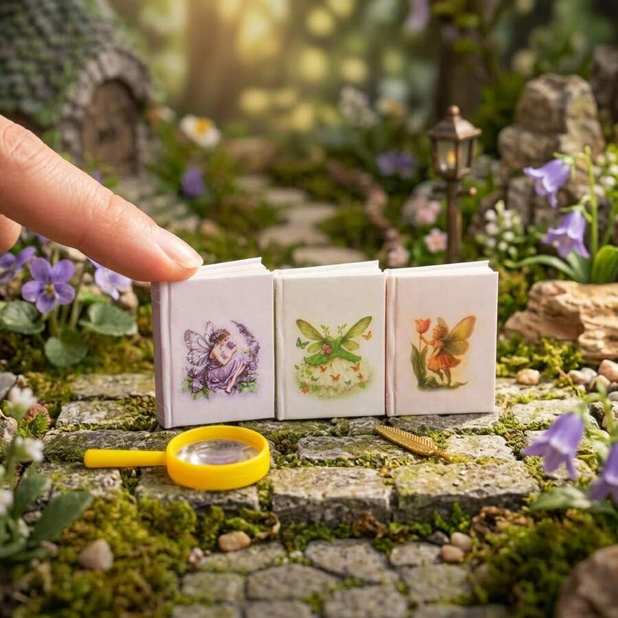 Decorative, Readable, Collectible, Giftable! Miniature 2nd-Gen Flower Fairy 5-Pc Book Set, W/3 Mini Books+Magnifier+Quill Pen, 1:12 Scale Simulated Books, Dollhouse/Model House Accessories, Home Decor Ornaments, Perfect For Collection And Gifting. - 5Pcs - View 1