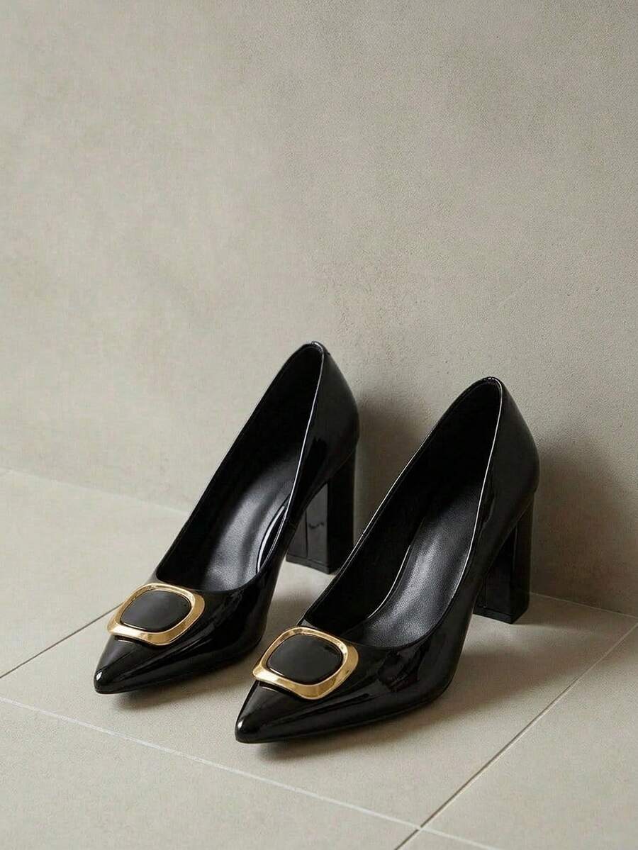 Alvarani 女式加大码时尚绿色尖头装饰纯色舒适厚底高跟鞋,秋冬款 - 黑色 - 查看 1