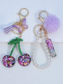1pc Resin Starry Sky Epoxy Letter Keychain With Black Fur Ball Tassel Decor, Heart Pendant Gift For Friend And Mom - Mauve Purple - View 13