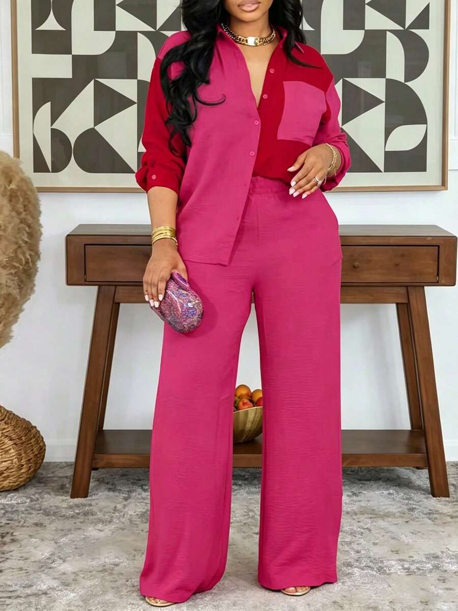 2pcs Contrast Color Collared Casual Elegant Shirt And Solid Color Pants Suit - Hot Pink - View 1