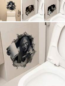 1PC 2D Broken Wall Ghost Bathroom Wall Sticker, Self Adhesive Horror Zombie With Toilet Paper Decal, Halloween Prank Decor For Restroom Tile - 1PC - View 1