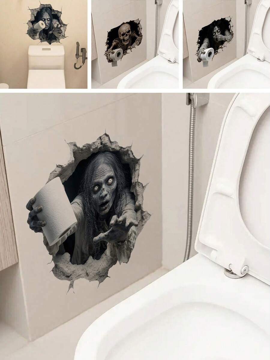 1PC 2D Broken Wall Ghost Bathroom Wall Sticker, Self Adhesive Horror Zombie With Toilet Paper Decal, Halloween Prank Decor For Restroom Tile - 1PC - View 1