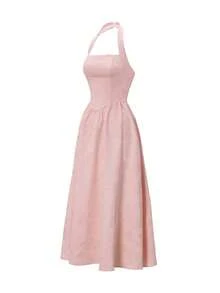 Gaun Midi Wanita Gaya Vintage Prancis Musim Semi/Panas Warna Pink dengan Motif Bunga Emboss, Kerah Kotak, Pinggang Serut, Potongan A-Line, Pakaian Malam Elegan - Berwarna merah muda - View 7
