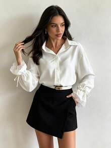 Women's Solid Color Casual Shirt With Lace Trim Cuffs, Elegant For Leisure And Commute, Spring/Summer White - White - View 3