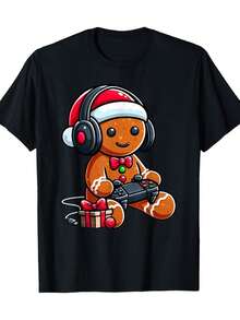 Funny Christmas Gamer Gingerbread Xmas Gaming Men 220g 100% Cotton T-Shirt Tee For adult, Men, Women, Teen, Teenager, adolescent, Youth - Noir - Voir 2