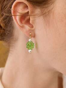 1 Pair Light Green Four-Leaf Clover Pearl Drop Earrings, Elegant Women's Dangle Earrings, Soft Girl Style Spring/Summer Wedding Jewelry - Green - View 2