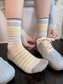 4 Pairs Korean Ins Style Color Block Striped Mid-Calf Socks, Retro Contrast Color Cuff, Student Style - Multicolor - View 4