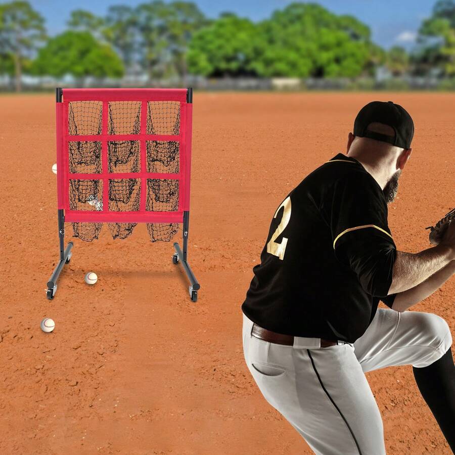 9 Grid Freestanding Baseball Practice Target Net, Red Portable Sports Training Equipment With Stable T-Shaped Base For Indoor Outdoor Use - Red - View 1