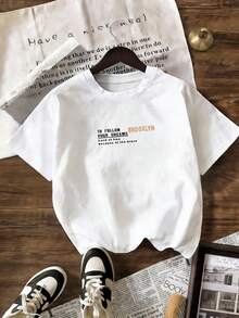 Short Sleeve Round Neck T-Shirt 2026 Summer New Casual Letter New York Bridge Street Vacation Pattern Printed Women'S Fun Regular Top - White - View 3