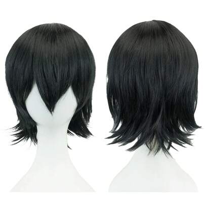 Peluca de cosplay unisex de 12 pulgadas con cabello corto y flequillo en rosa, dorado y naranja para Halloween y fiestas de.