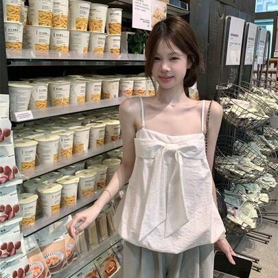 夏新作 ホワイト リボン付き フラワーヘムキャミソール レディース ゆったり スリム見え 薄手 可愛い デイリーカジュアル 大人気トップス 夏服