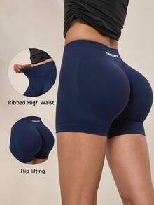 TimeOff Women's 1pc Solid Color High Waist Ribbed Waistband Ruched Butt Athletic Shorts - Navy Blue - View 11