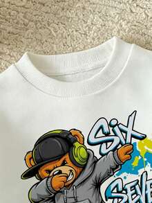 Young Boy Cartoon Print Crew Neck Long Sleeve Sweatshirt And Denim Jeans - White - View 3
