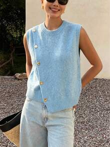 1pc Solid Color Cropped Round Neck Asymmetrical Button Design Fashion Layering Sleeveless Knit Vest Summer - Baby Blue - View 10
