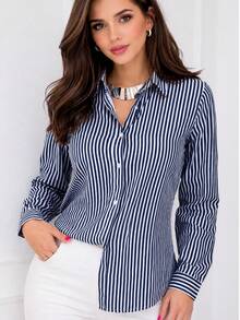 Polyester Dress Shirt With Buttons Down The Front, Striped Dress Shirt, Everyday Summer Style. - 藏蓝色 - 查看 5