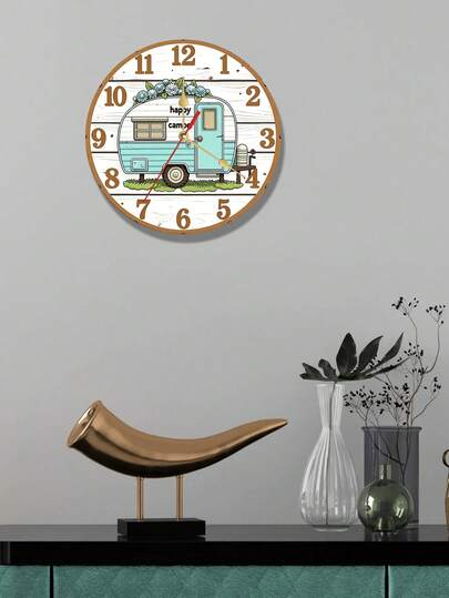 1 Piece Happy Camper 10/2 Inch 2D Flat Silent Wooden Wall Clock - Crystal-Like Design, Vintage Camper Illustration With Floral Accents, Perfect For Home, Room, Cafe Decoration, Gifts, Camping Decor Vintage Camper Design