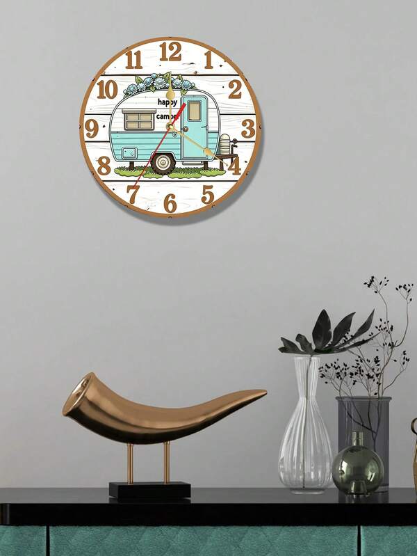1 chiếc đồng hồ treo tường gỗ 2D phẳng Happy Camper 10/2 inch chạy êm, thiết kế trong suốt như pha lê, hình minh họa xe cắm trại vintage với điểm xuyết hoa, phù hợp trang trí nhà, phòng, quán cà phê, làm quà tặng, decor cắm trại phong cách vintage camper
