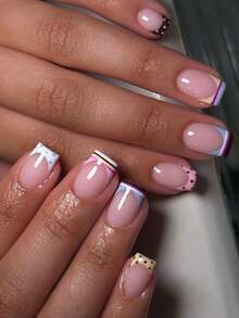 24pcs Short Square Polka Dot French Nail Design, Set Includes: 1pc Jelly Glue And 1pc Nail File Nails - Multicolor - View 3