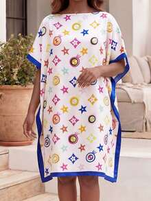 1PC Faux Silk Minimalist Design Pentagram Pattern Printed Pullover Shawl, Lightweight Fashionable Versatile Sun Protection Beach Satin Loose Fit Shawl For Women, Suitable For Daily Decorative Matching - White - View 1