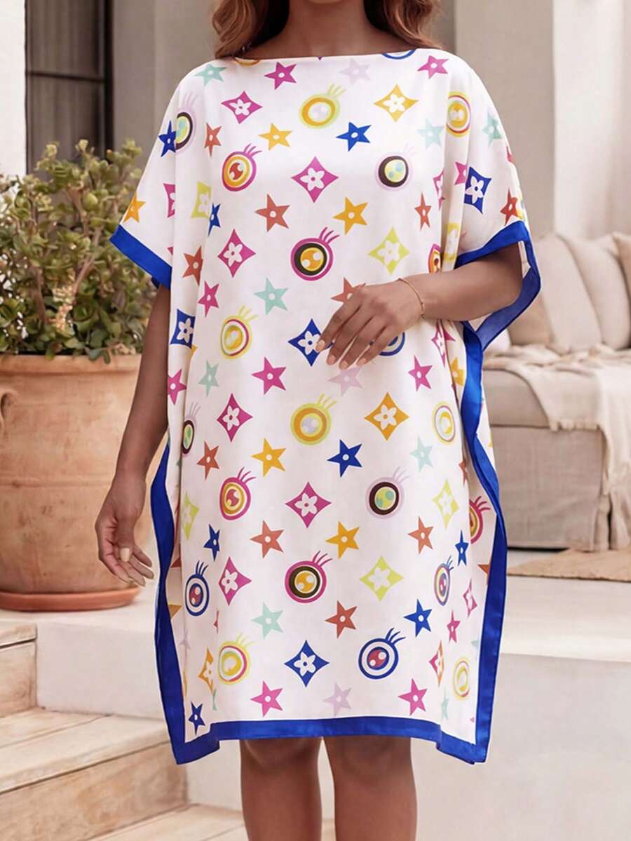 1PC Faux Silk Minimalist Design Pentagram Pattern Printed Pullover Shawl, Lightweight Fashionable Versatile Sun Protection Beach Satin Loose Fit Shawl For Women, Suitable For Daily Decorative Matching - White - View 1