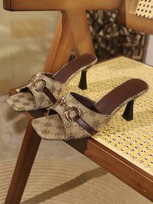Zapatillas tipo mule de mujer con estampado vintage, hebilla de metal, punta cuadrada, tacón de aguja, sin parte trasera, cómodas, de punta abierta, sandalias formales para fiestas de verano - Caqui - Ver 5