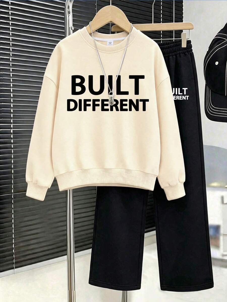 2 Potong Setelan Anak Laki-laki Kasual Minimalis dengan Desain Slogan Cetak, Kaos Lengan Panjang dan Celana, Set Baru yang Nyaman dan Modis untuk Musim Gugur dan Musim Dingin - MultiWarna - View 1
