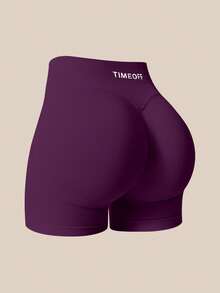 TimeOff Shorts deportivos para mujer de 1 pieza, color liso, cintura alta, cintura acanalada y glúteos fruncidos - Morado - Ver 3