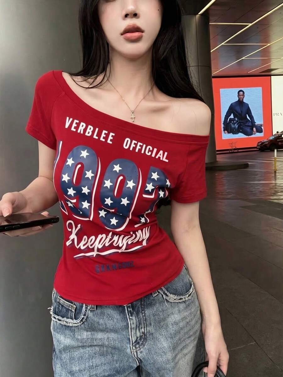 美式復古星星印花不對稱肩休閒性感短袖修身設計女款上衣 夏季紅色 - 紅色 - 查看 1