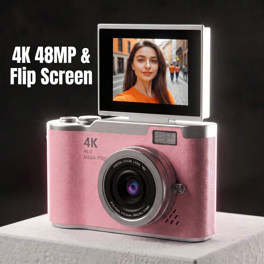 كاميرا رقمية 4K بدقة 48 ميجابكسل للتصوير الفوتوغرافي والفلوق، شاشة قابلة للطي 2.4 بوصة، زووم رقمي 8x، مانع اهتزاز، محمولة، كاميرا بطاقة CCD، مناسبة للمراهقين والسفر والمبتدئين، بطارية 800mAh بعمر طويل
