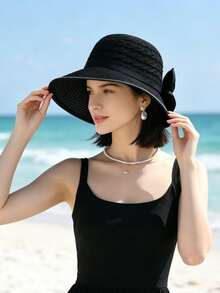 1件女款韓式編織優雅透氣草帽，夏季熱銷時尚百搭蝴蝶結防曬帽，舒適休閒草編遮陽帽，適合外出、聚會、購物、旅行、度假等場合 - 彩色 - 查看 6