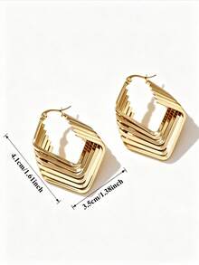 YUNCHUN 1 Pair Gold Stainless Steel Bohemian Rhombus Multi-Layer Earrings, Festive Geometric Ear Jewelry - Gold - View 3