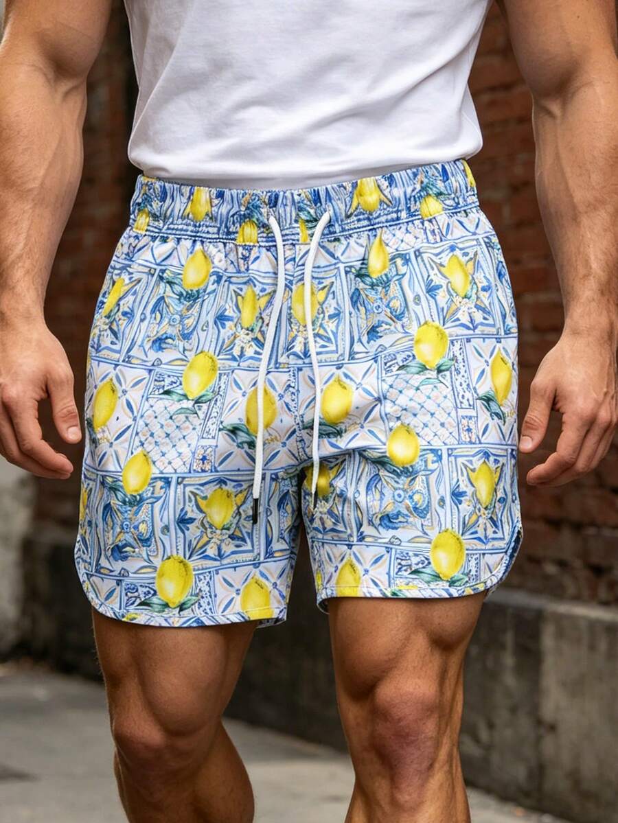 Men's Bold Sicilian Lemon Ceramic Print Swim Trunks, Italian Style Quick-Dry Drawstring Cuffed Casual Beach Shorts, Suitable For Summer Vacation And Pool - Yellow - View 1