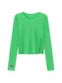 CHUU Little Fox Split Hem T-Shirt Musim Semi Wanita Manis Keren Pas Badan Lengan Panjang Atasan Crop Top Lapisan Dasar - Hijau - View 5